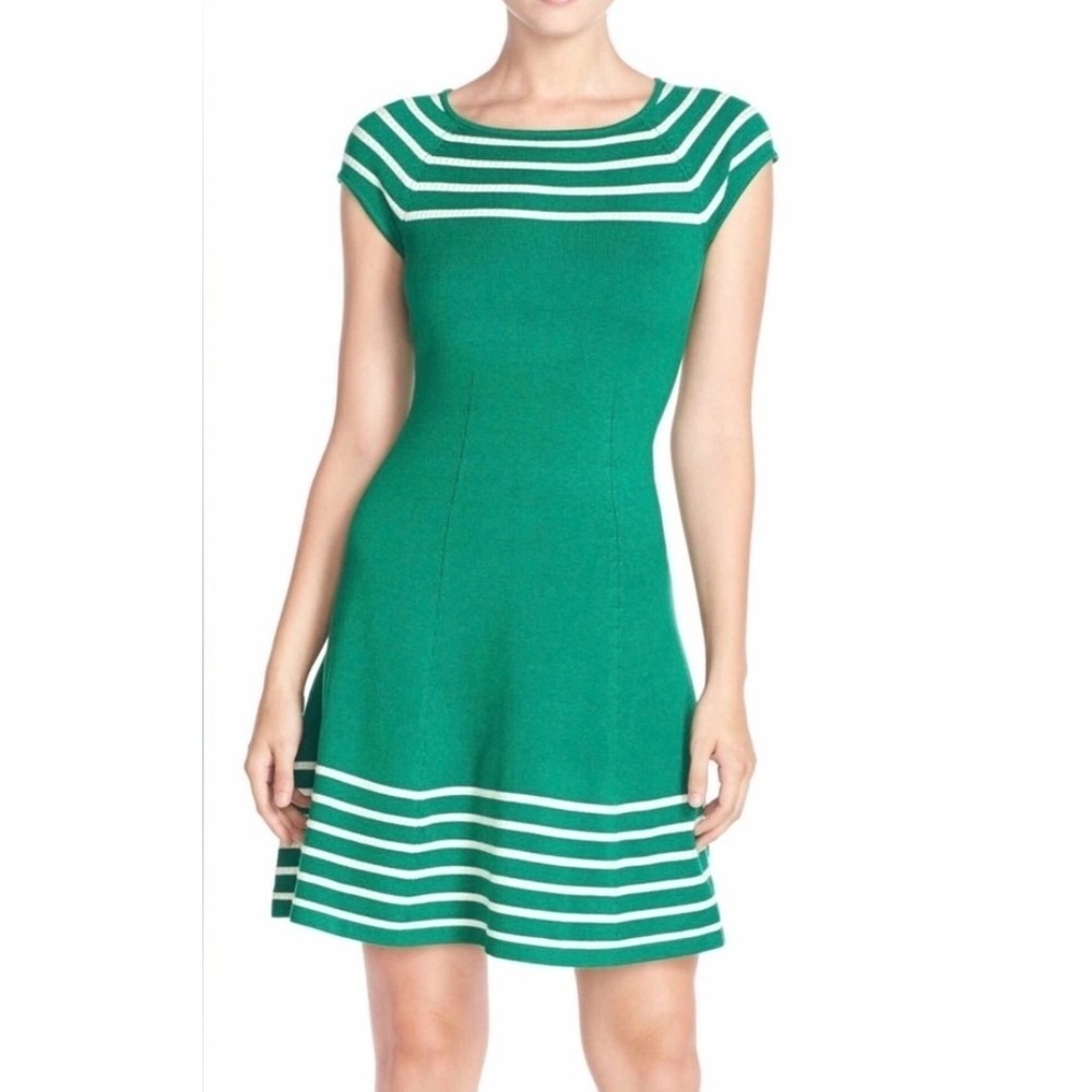 Eliza J Womens Green Striped Fit N Flare Cap Sleeve Knit Dress Size M $98